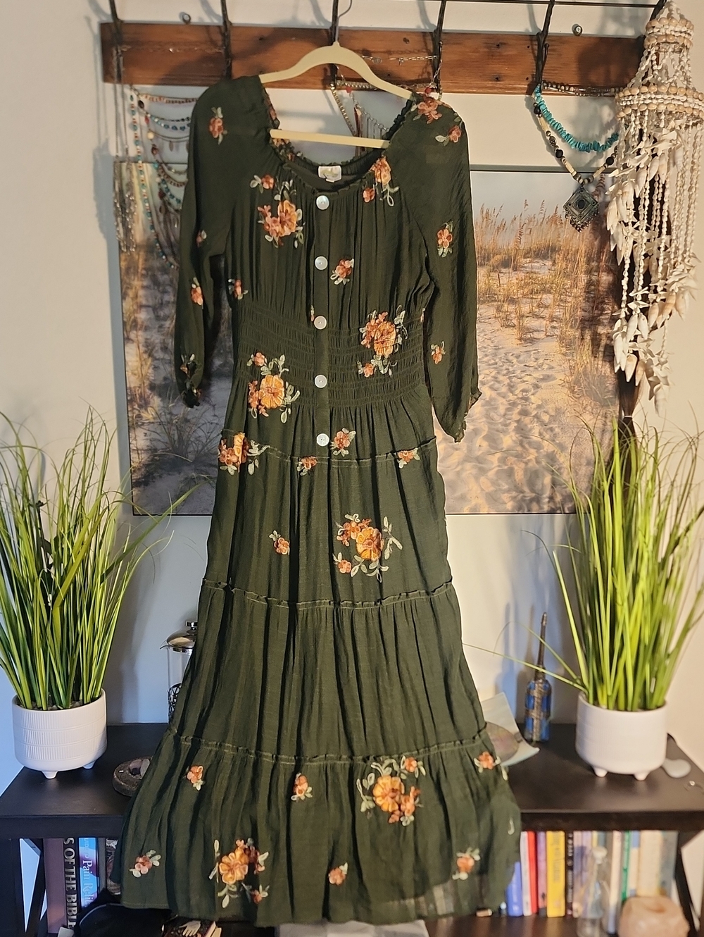 FIG and FLOWER Olive Maxi Dress with Yellow Floral Print